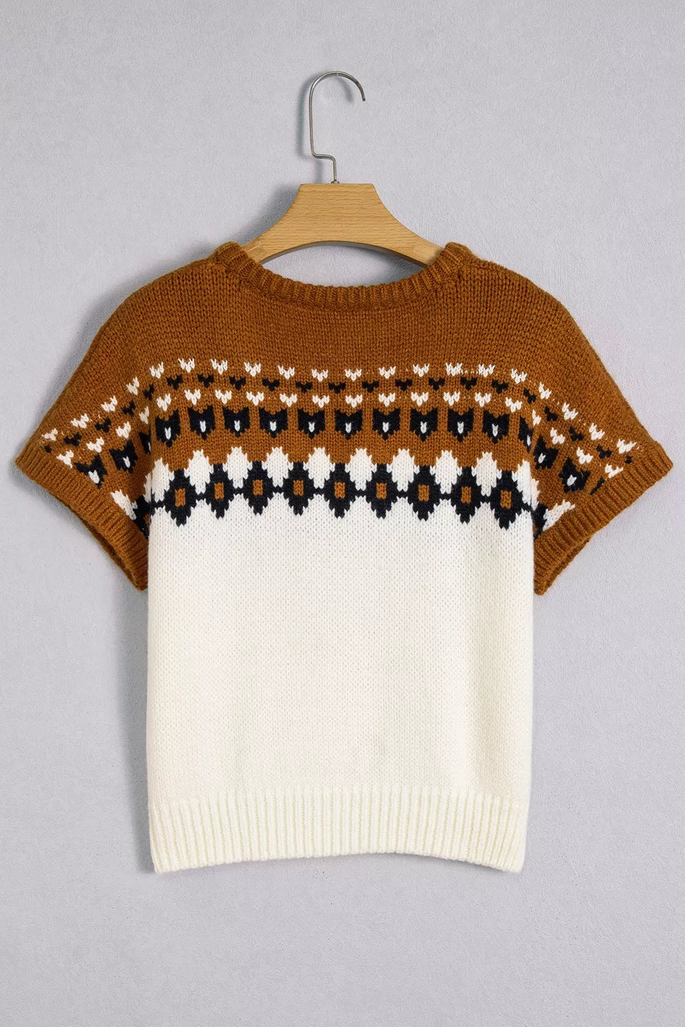 Trendsi V Neck Short Sleeve Geometric Sweater -