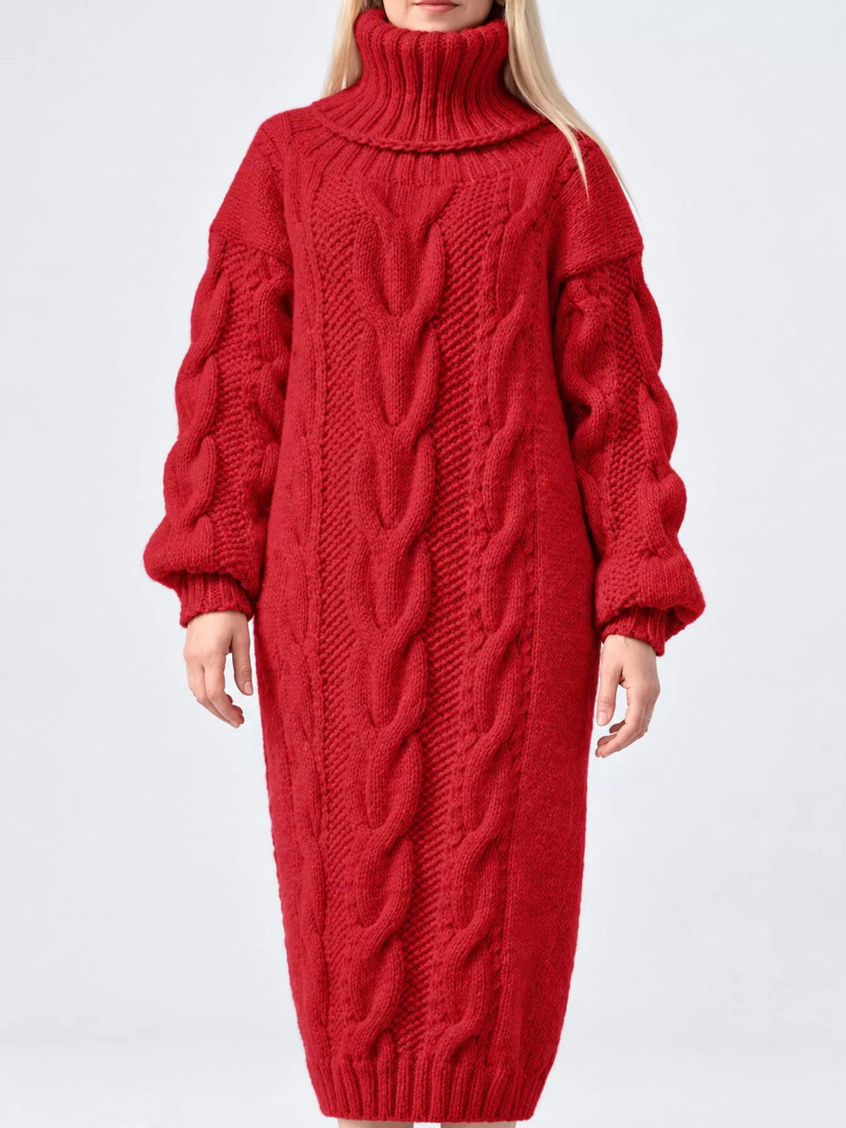 Red oversized cable knit turtleneck sweater dress