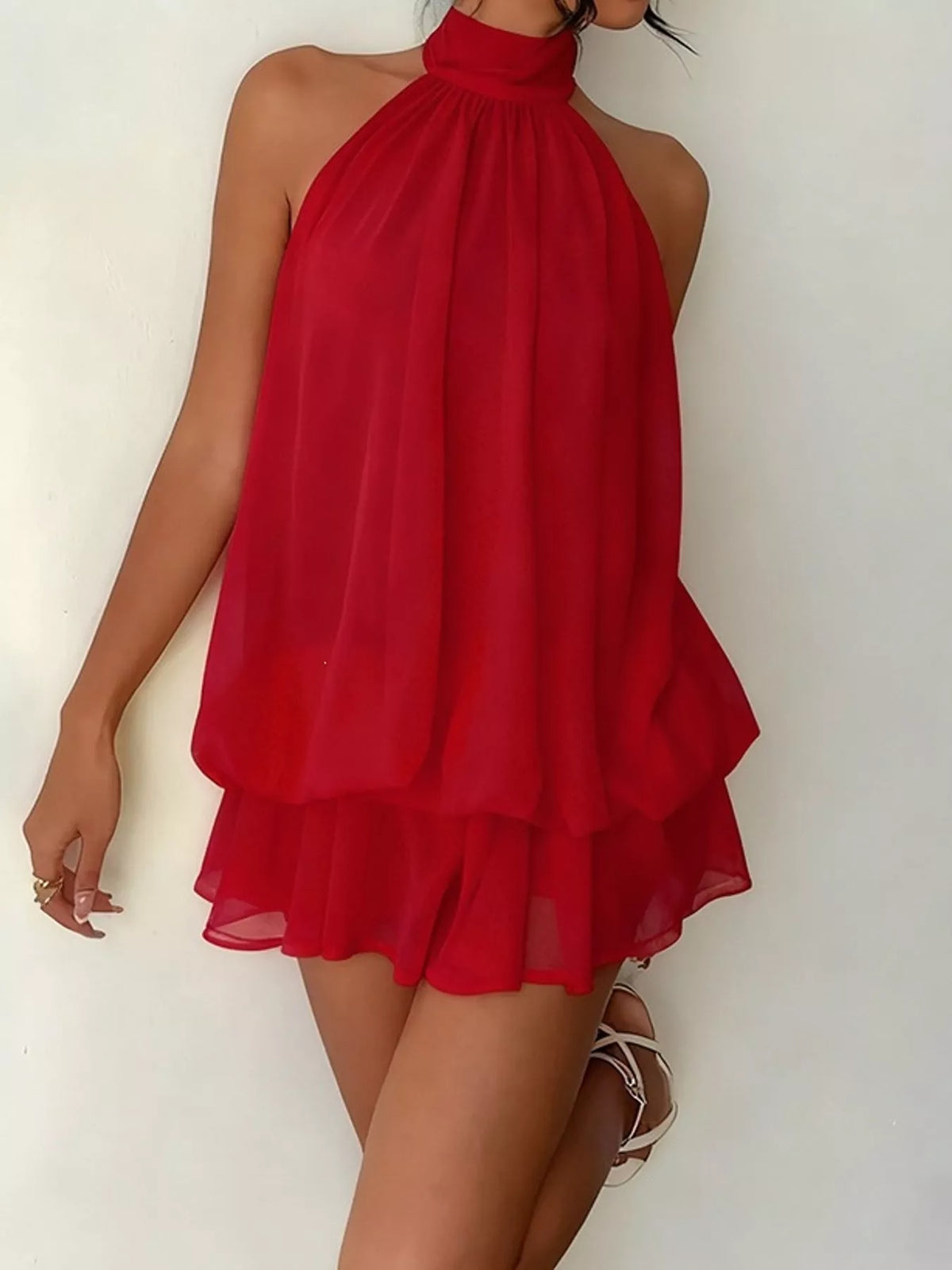 Red halter neck chiffon mini dress