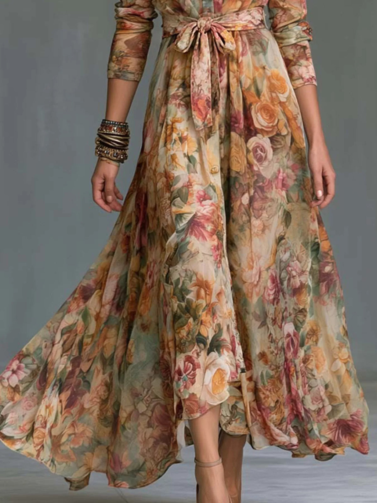 Trendsi Floral Print Long Sleeve Maxi Shirt Dress -