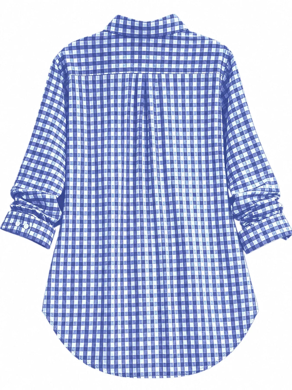 Navy and white plaid button-down shirt, back view