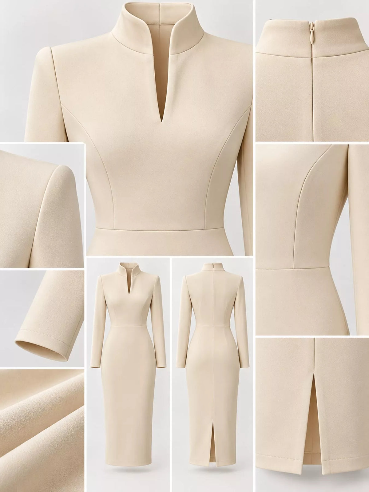 Women's Stand-Collar Long-Sleeve Midi Dress in cream — detail collage view