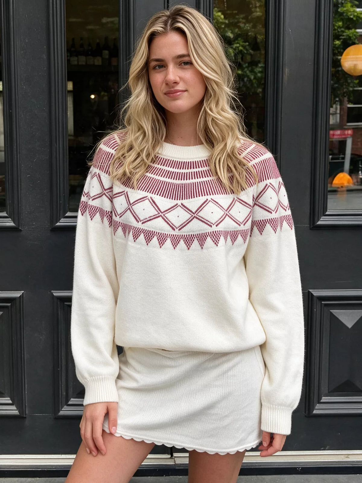 Cream geometric crew neck sweater, front view