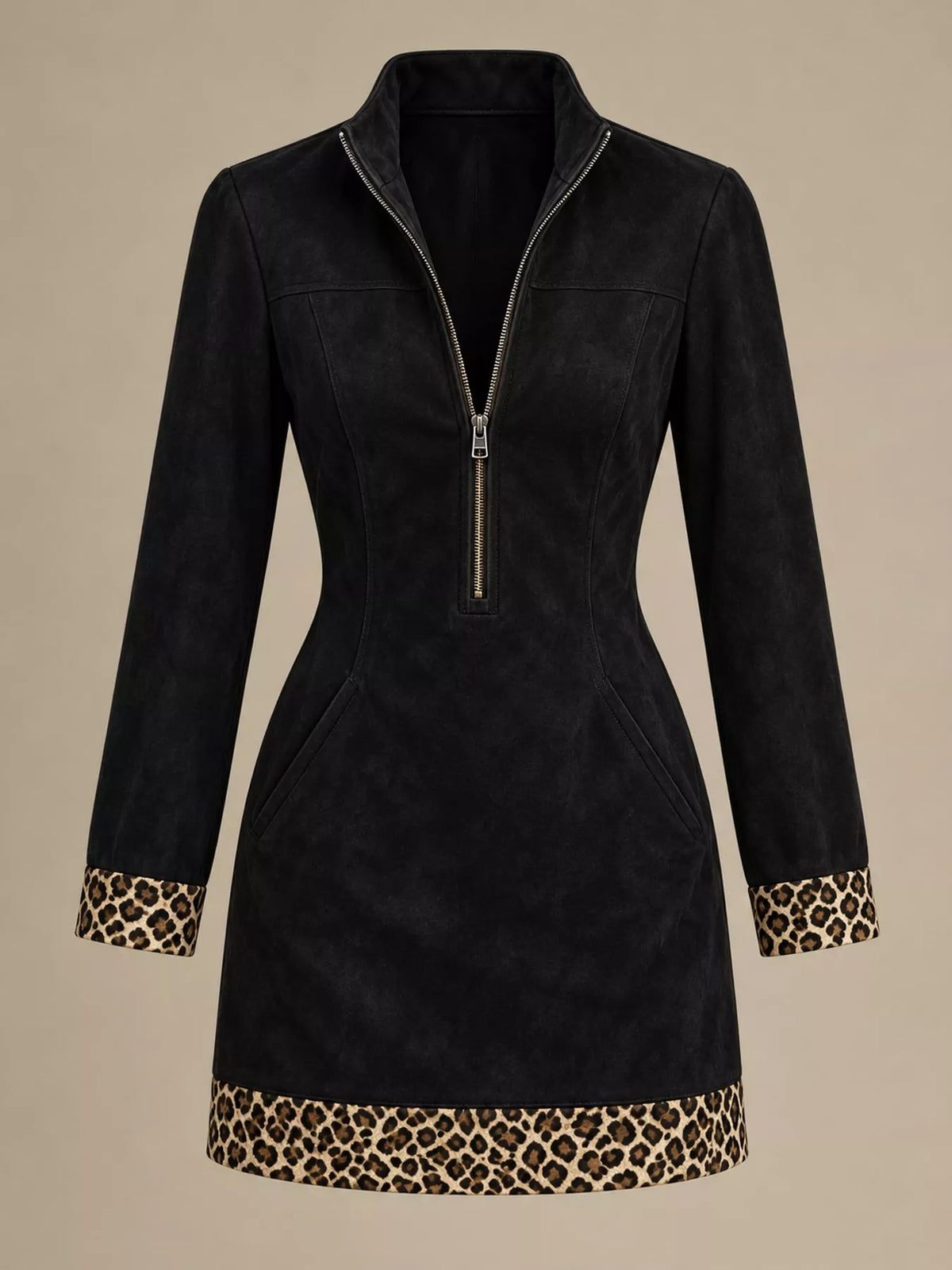 Leopard Trim Half-Zip Mini Dress — garment front