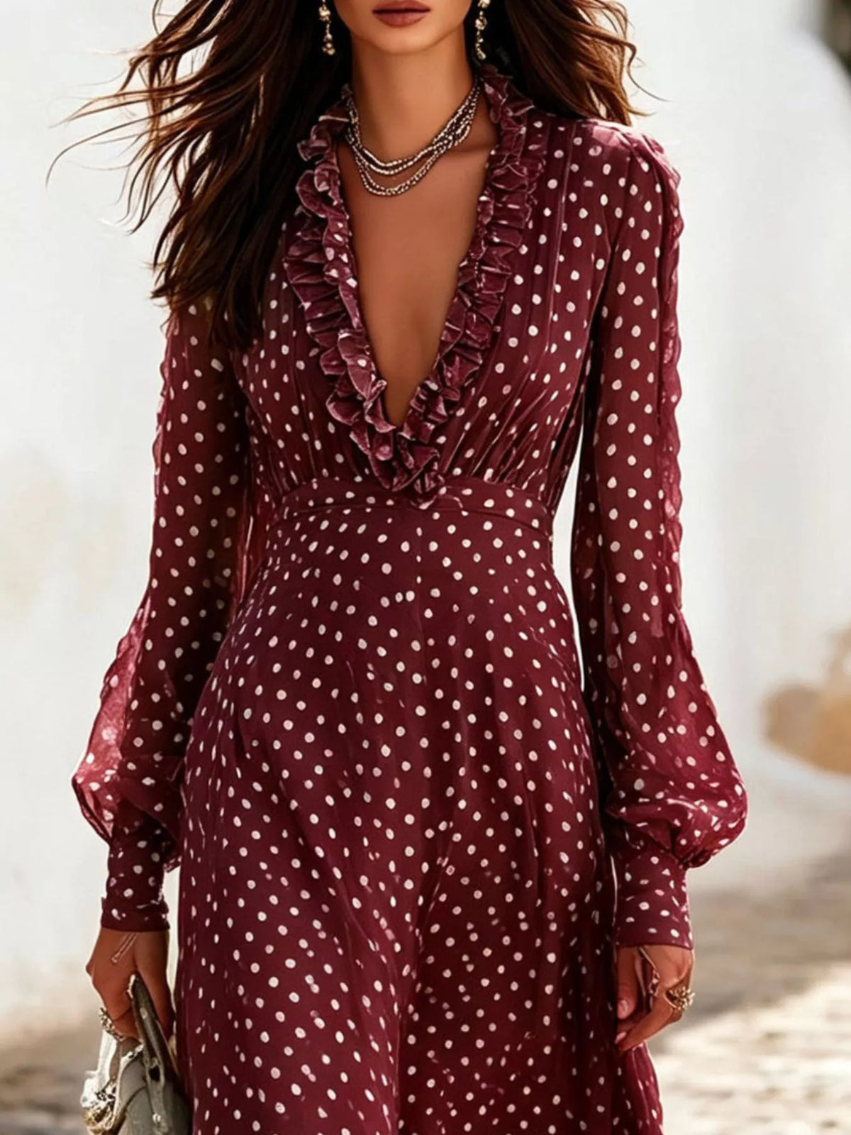 Polka-dot ruffle v-neck maxi dress