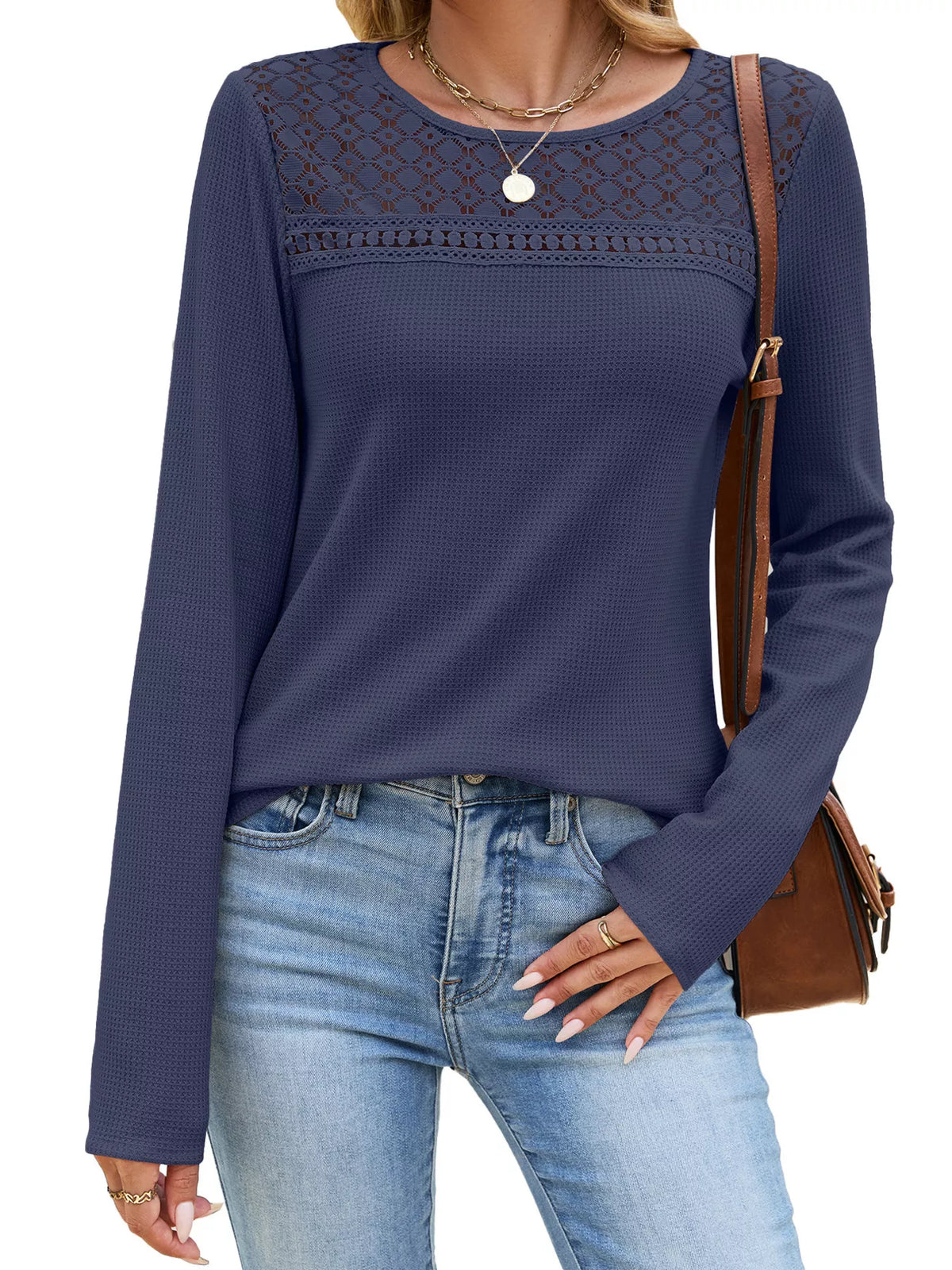 Trendsi Lace Panel Waffle Knit Long Sleeve T-Shirt -
