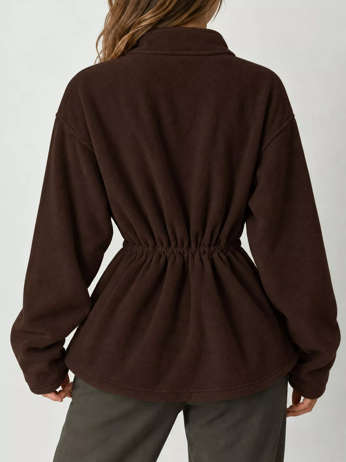 Brown drawstring fleece zip-up jacket, back view