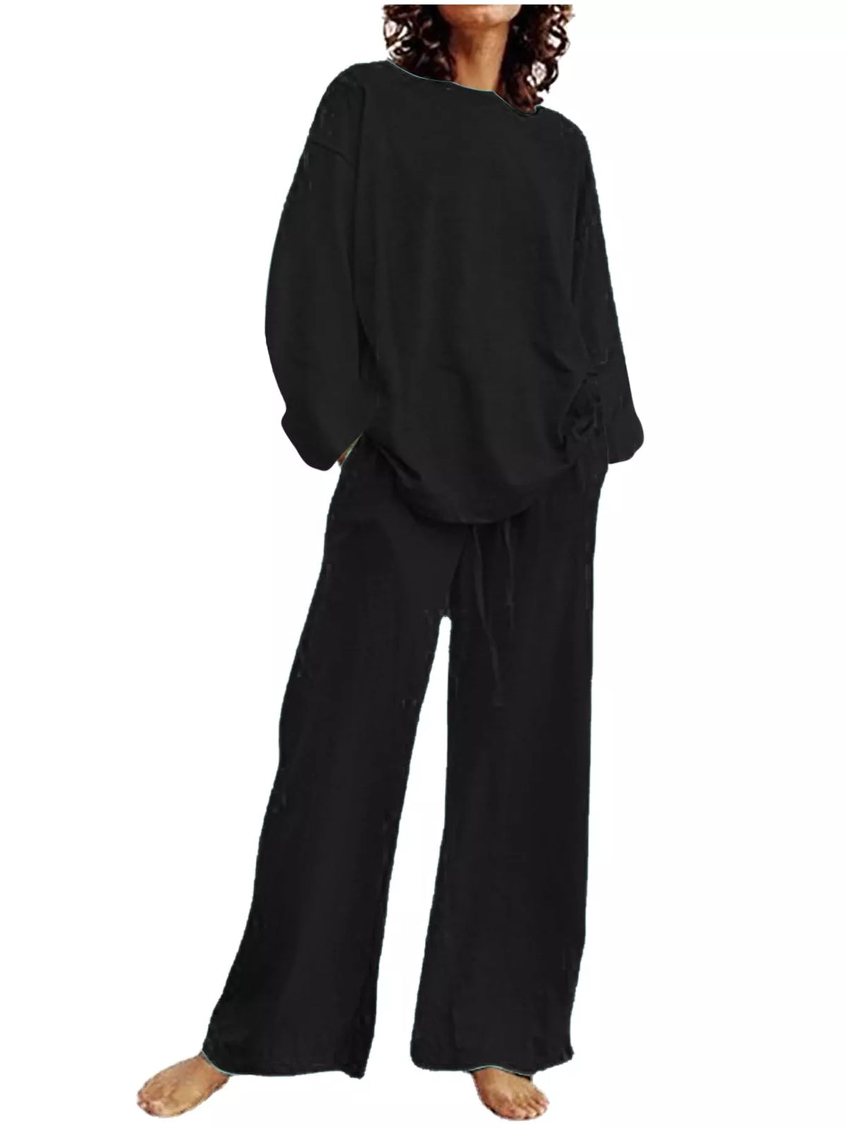 Women's Round Neck Top and Drawstring Wide-Leg Pants Set in black — front view