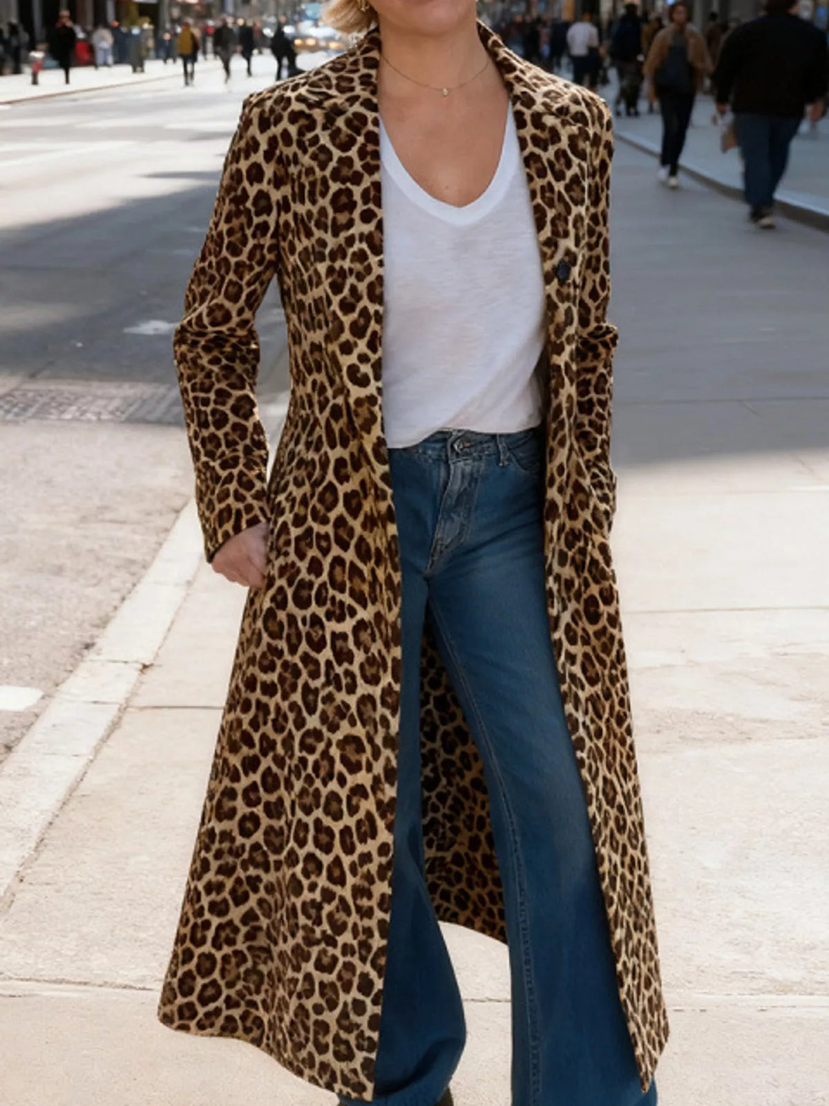 Brown and black leopard-print longline trench coat