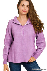 Trendsi Zenana Ribbed Two Tone Half Zip Sweater -