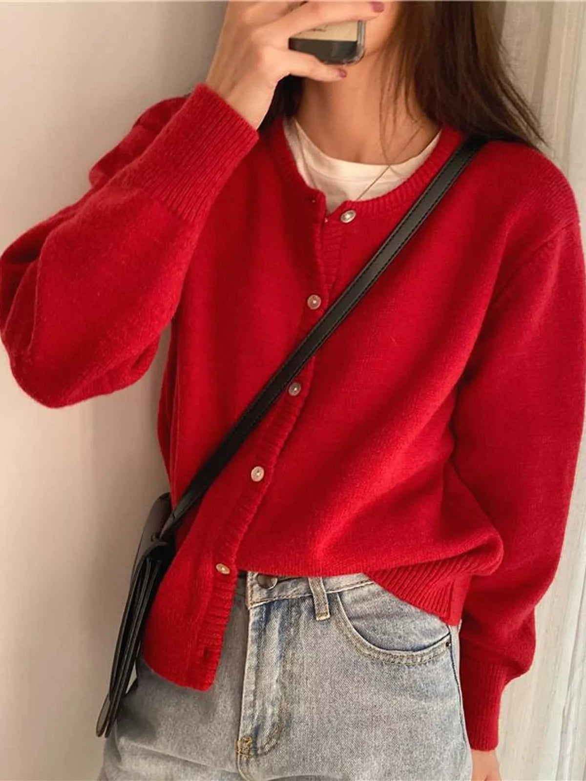 Women's Crew Neck Button-Down Knit Cardigan in red — front view