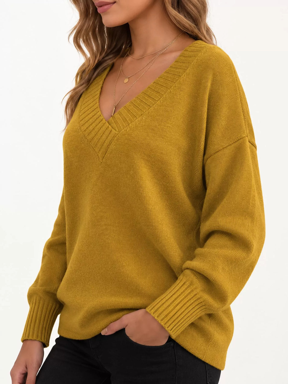 V-neck sweater, mustard side