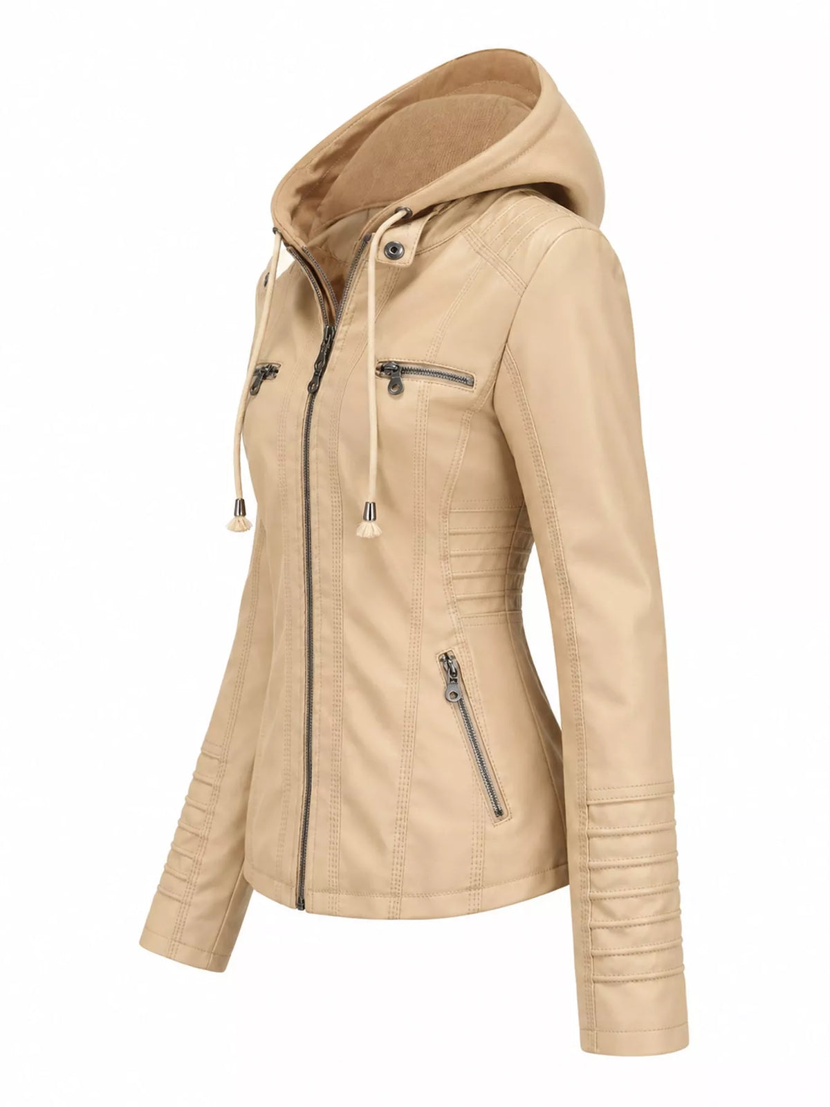 Hooded faux-leather jacket, beige side