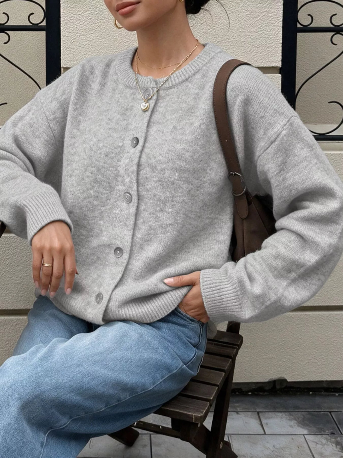 Trendsi Crew Neck Button-Down Cardigan -