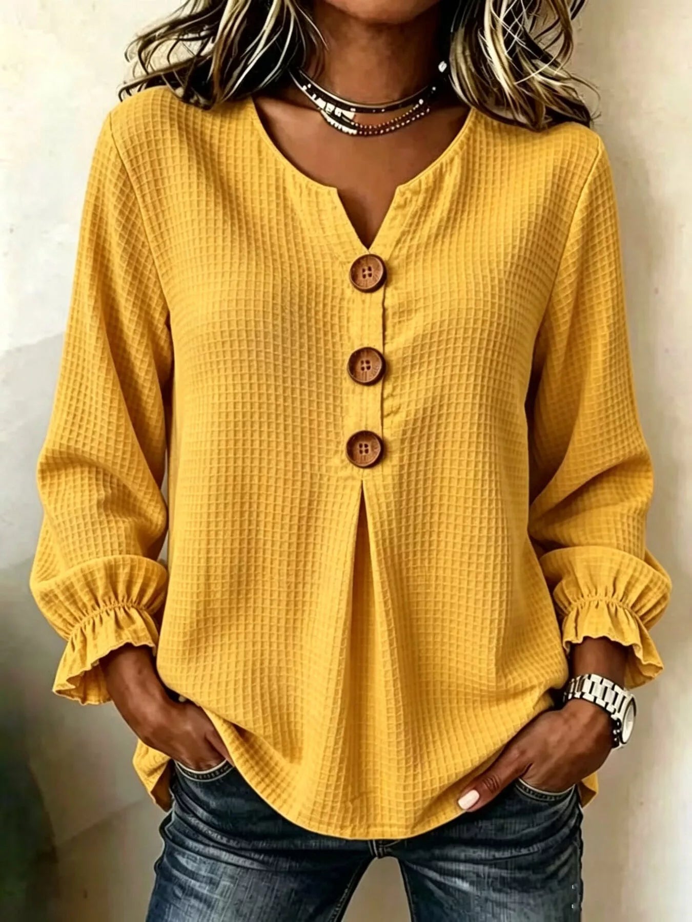 Waffle-knit long sleeve top