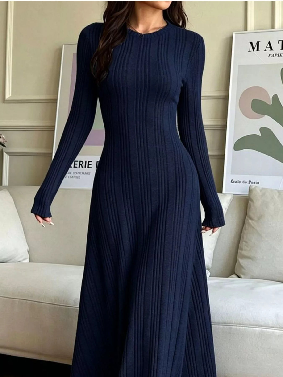 Navy ribbed long-sleeve dress, bodice detail