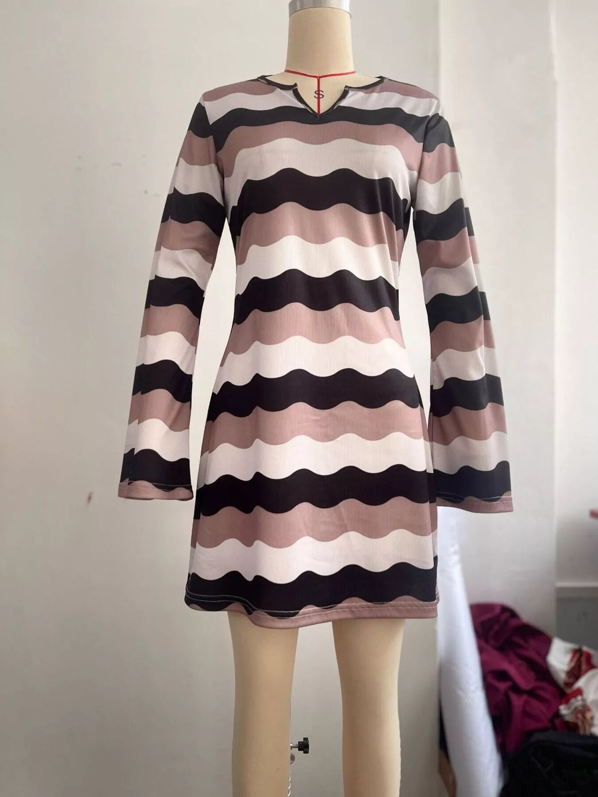Split neck long sleeve mini dress, product view