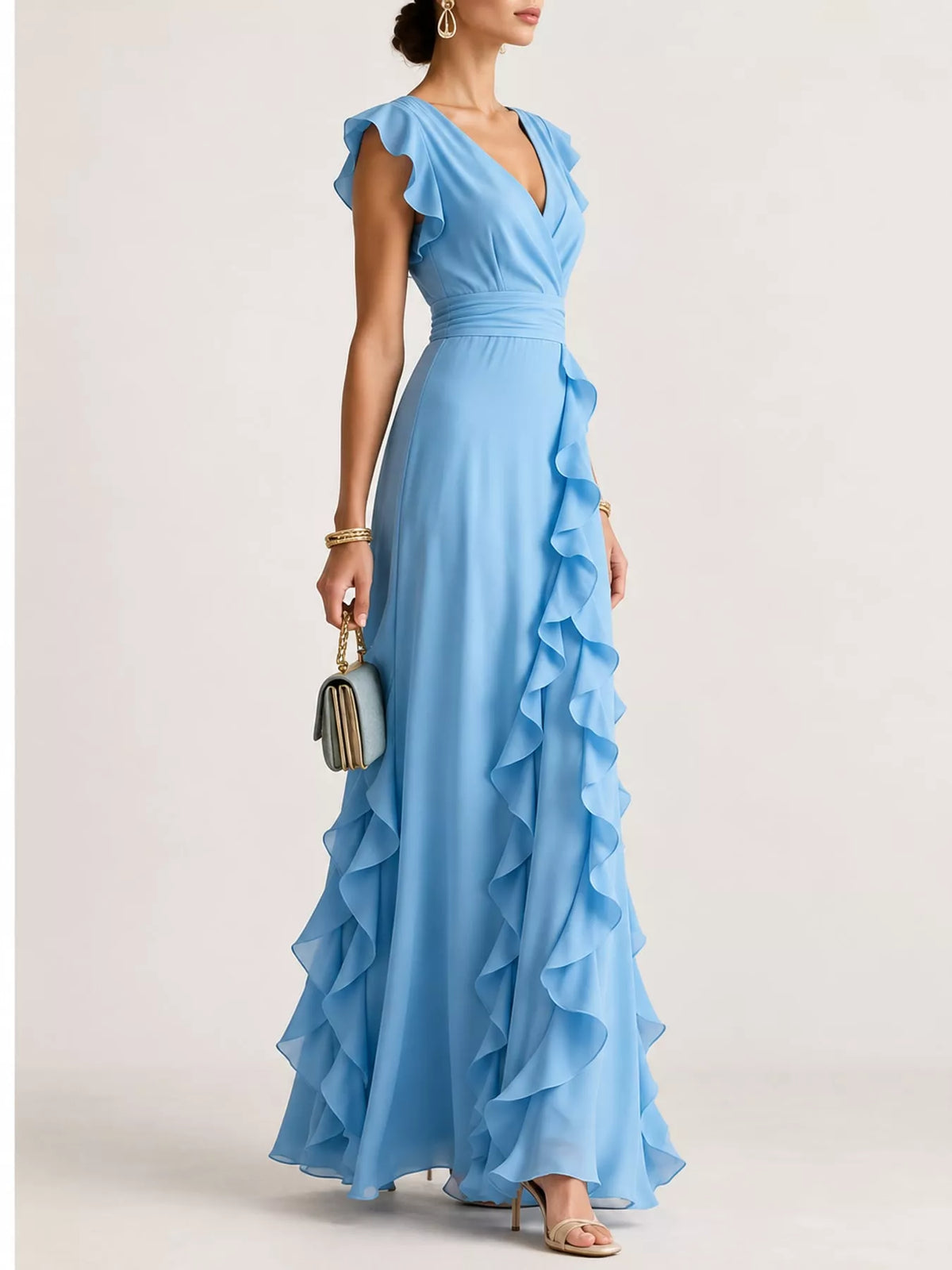 Blue ruffled surplice maxi dress, side view