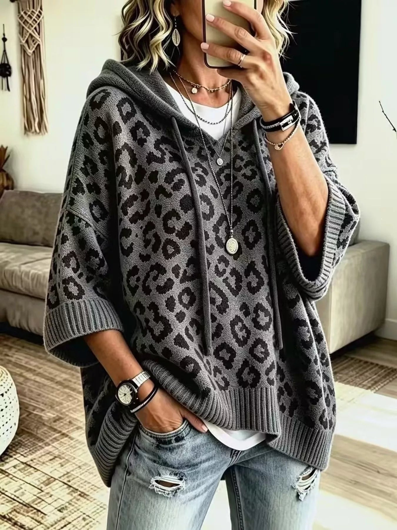 Trendsi Drawstring Leopard Hooded Sweater -