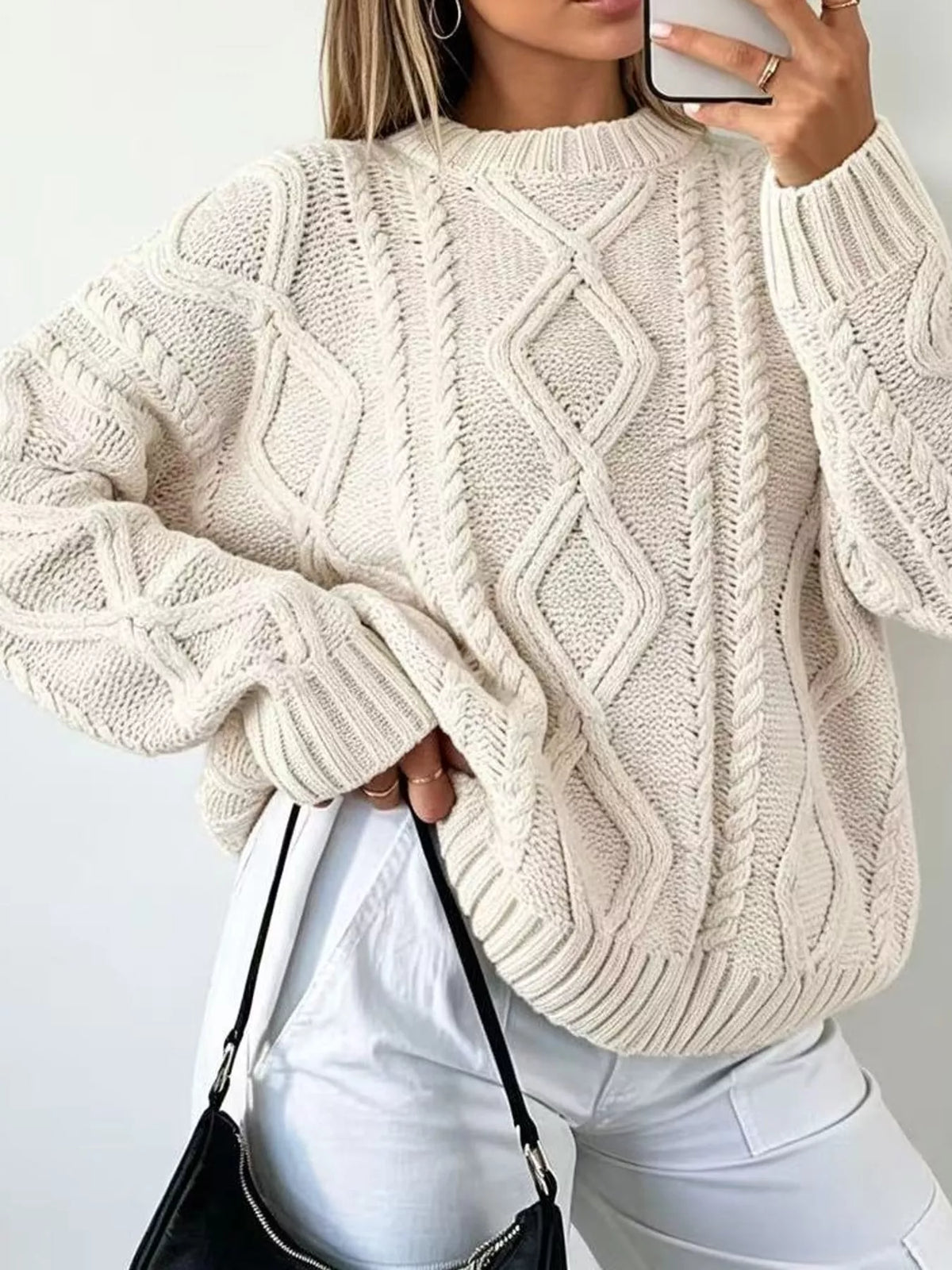 Apricot cable-knit round neck sweater