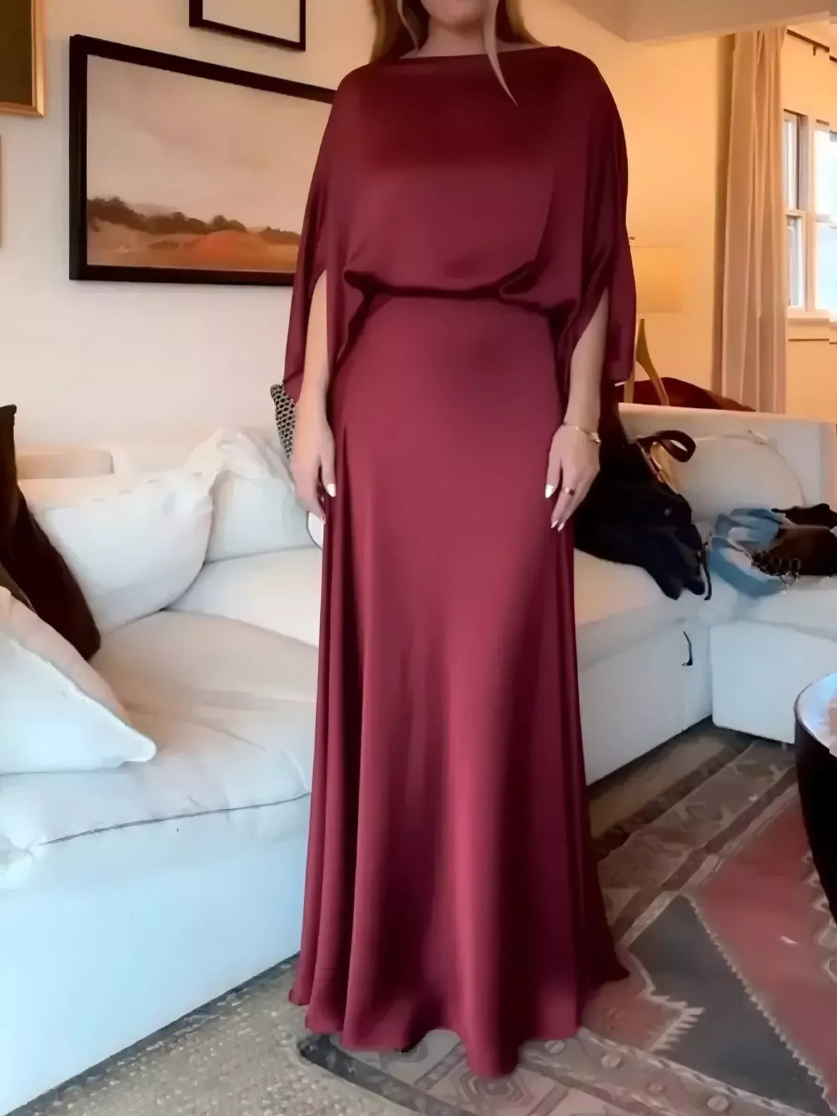 Burgundy satin cape sleeve maxi dress, front view