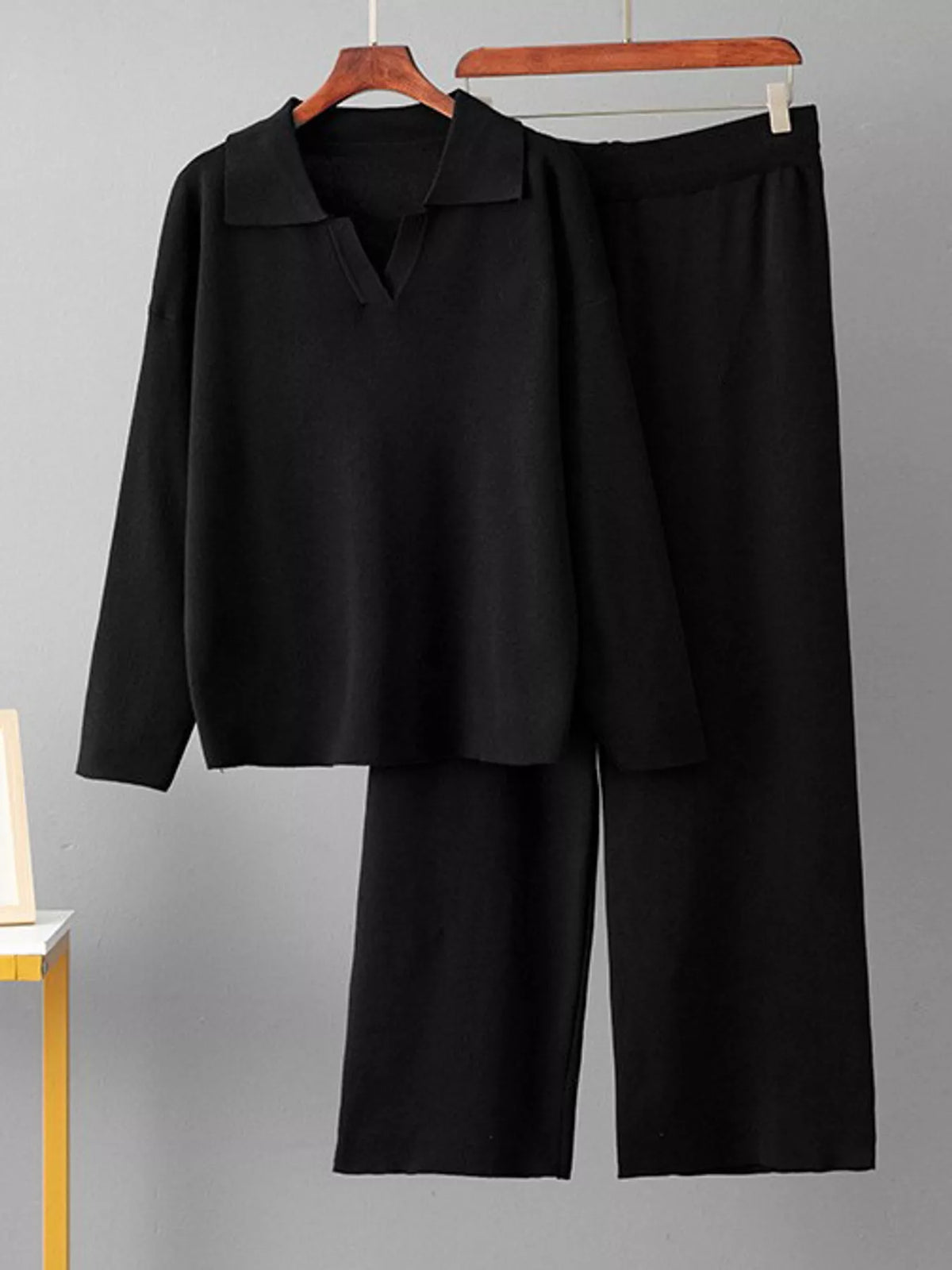 Collared Long Sleeve Knit Top and Wide-Leg Pants Sweater Set — garment front