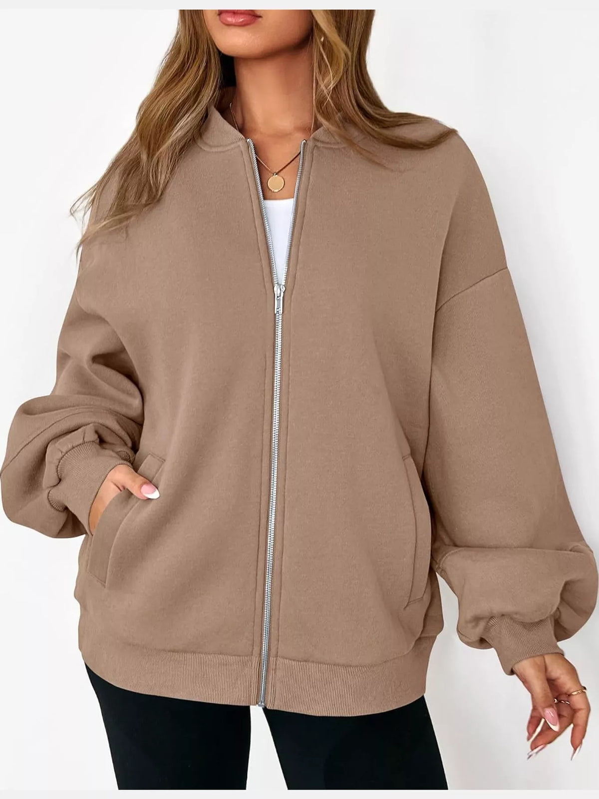 Tan oversized zip-up jacket — front view