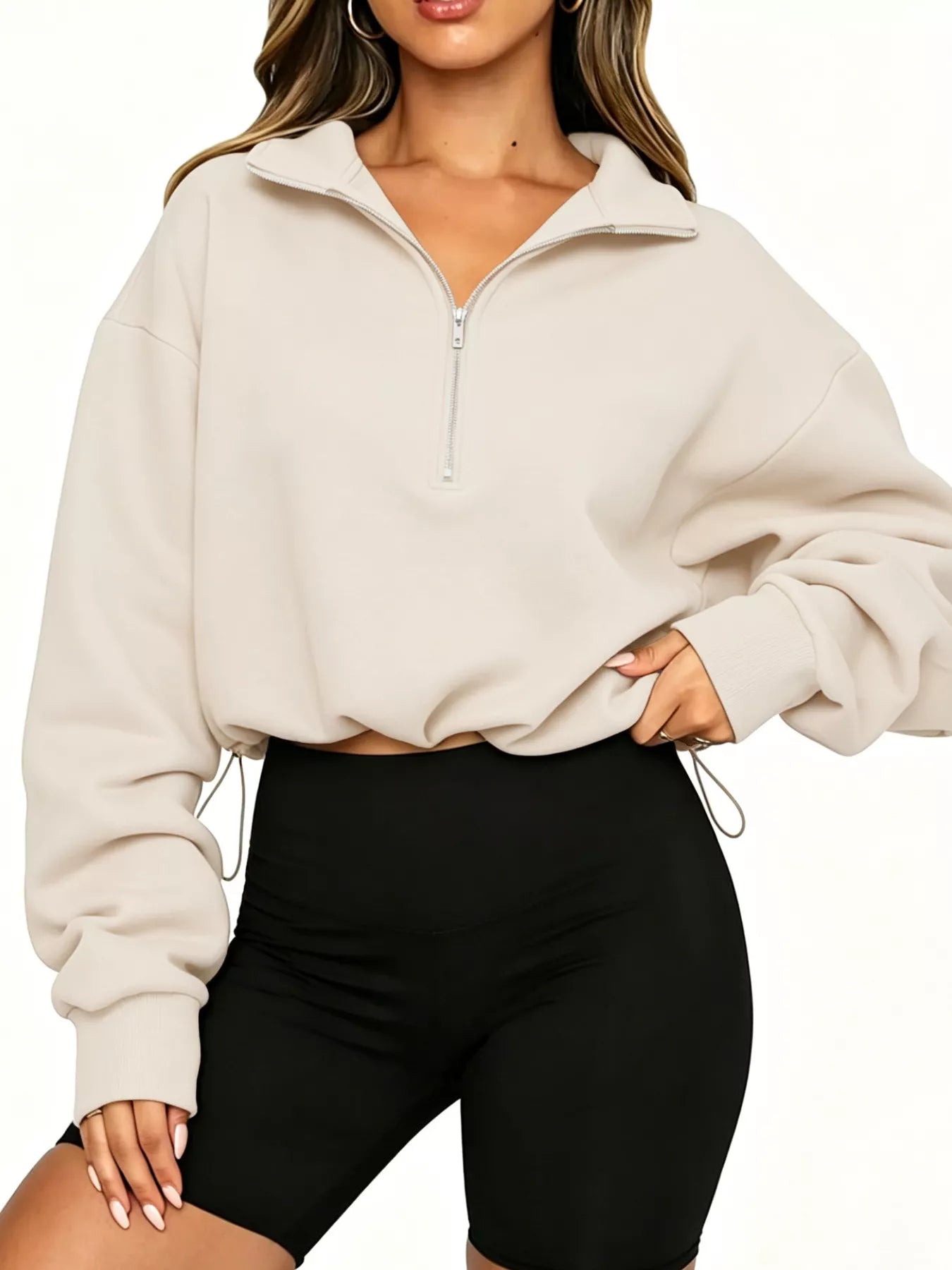 Trendsi Half Zip Drawstring Hem Sweatshirt -