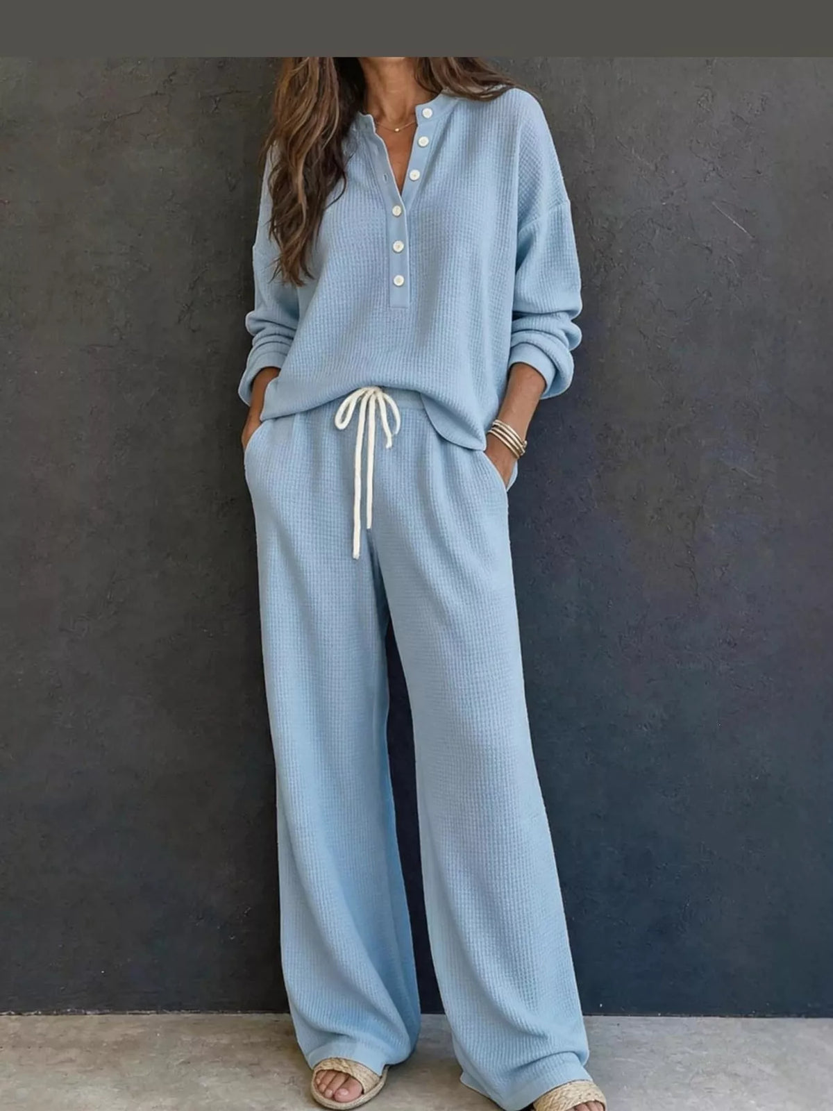 Blue waffle knit button detail top and pants set