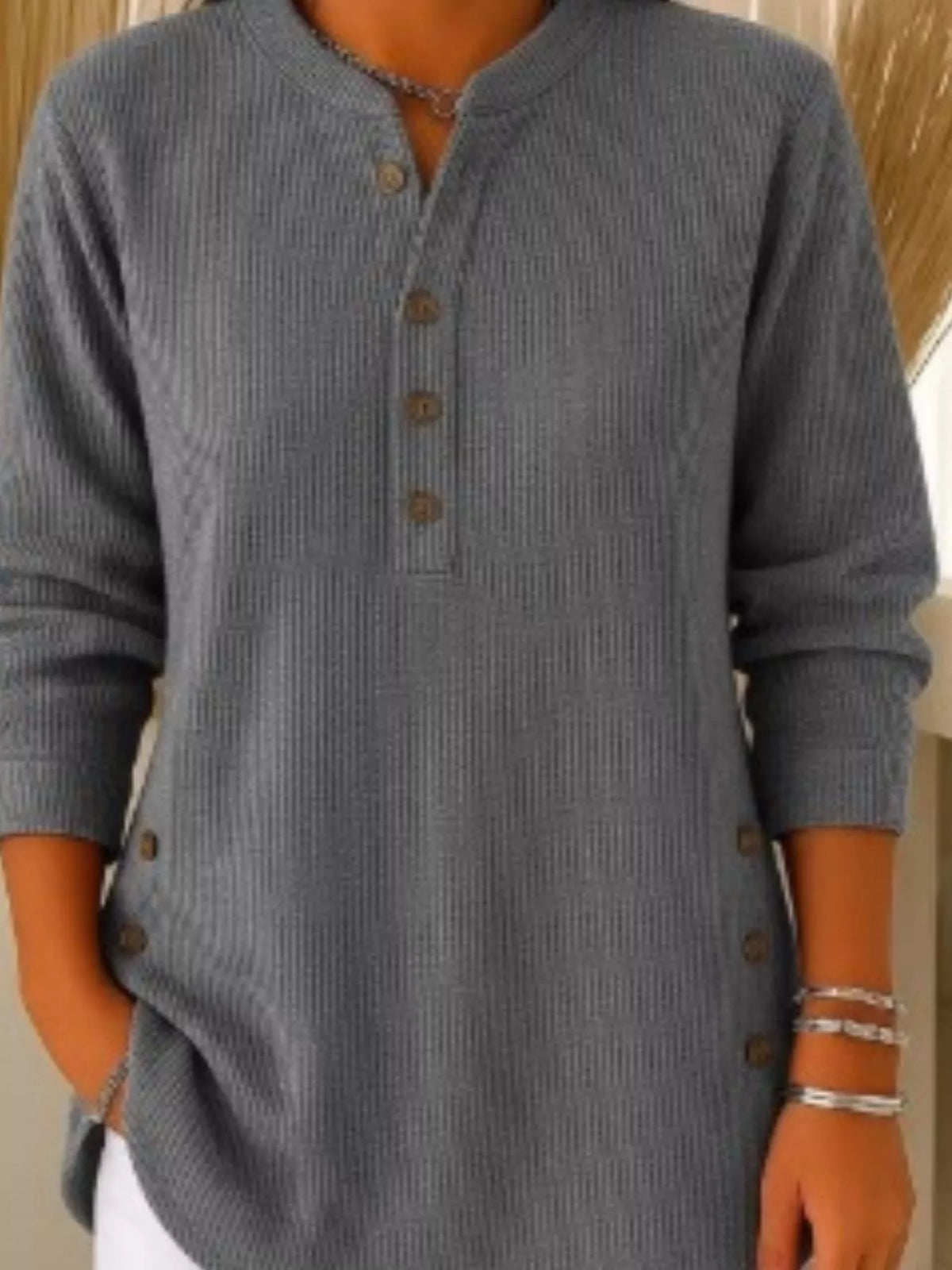 Women's Button Detail Corduroy Top in Gray, front view