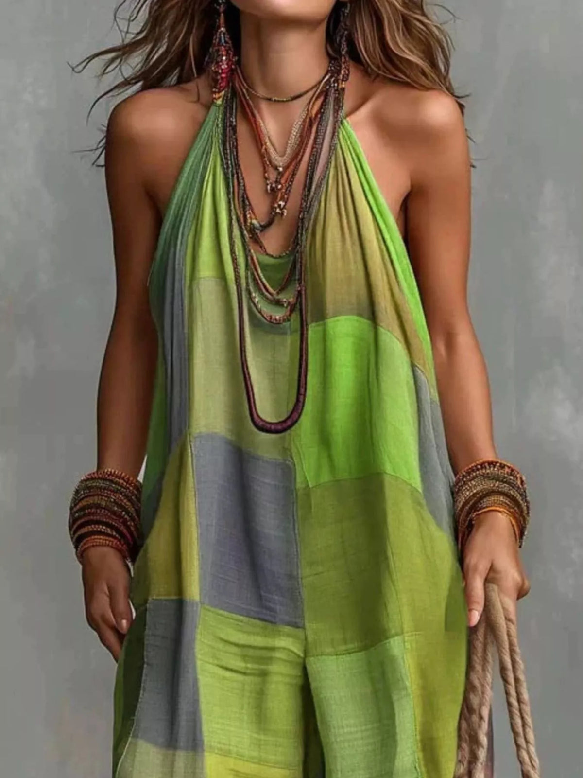 Green Plaid Halter Neck Wide-Leg Jumpsuit back view