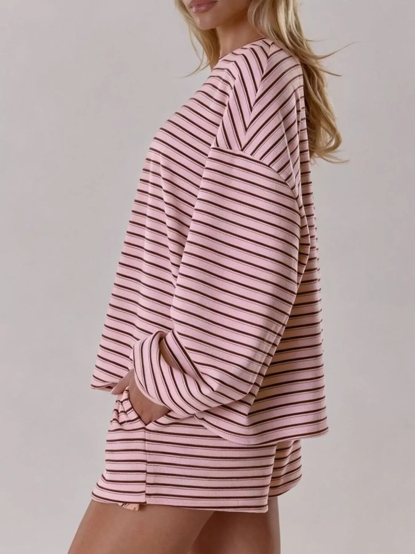 Trendsi Casual Striped Long-Sleeve Top and Shorts Set -