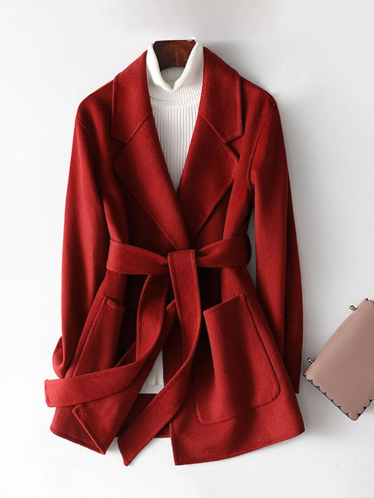 Red belted double-sided wool coat