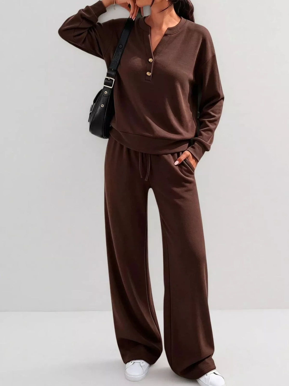 Brown button detail top and wide-leg pants set — front view