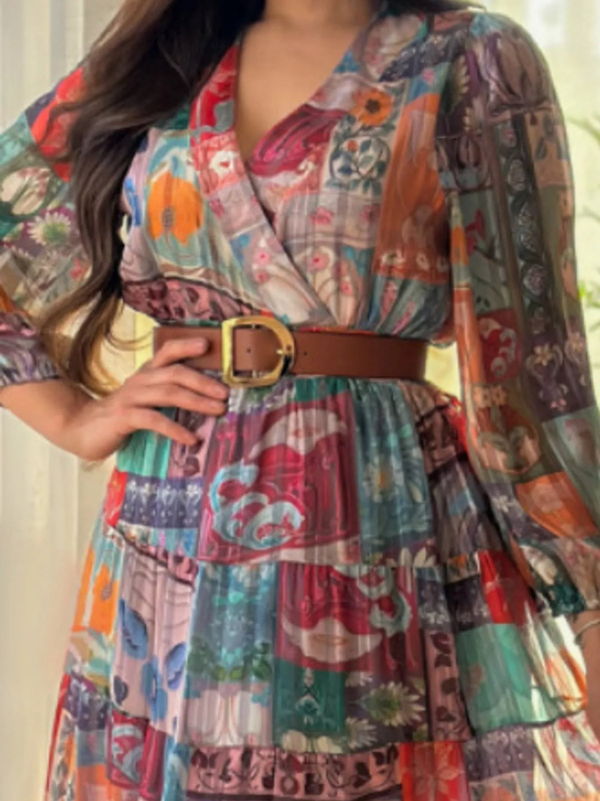 Printed maxi dress, dress surplice neckline and belt detail