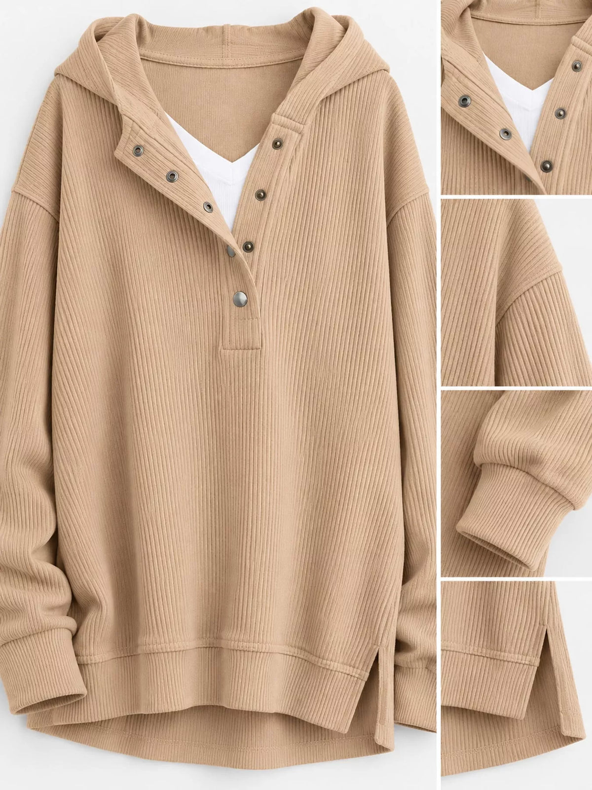 Women's Snap Button Placket Dropped Shoulder Hoodie in tan — detail collage view