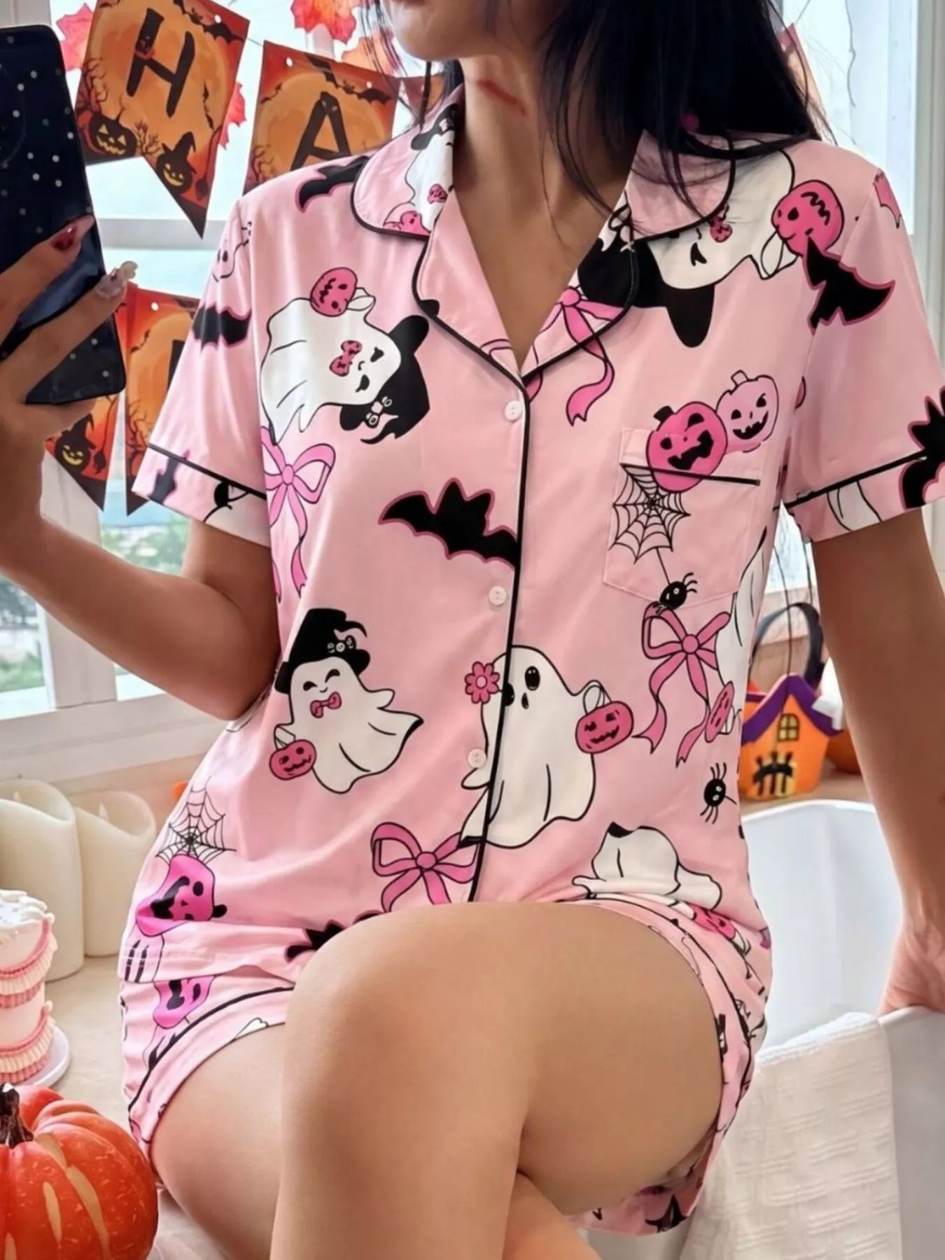 Trendsi Halloween Ghost Print Button-Down Top and Shorts Lounge Set -