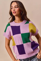 Trendsi SO ME Mardi Gras Check Plaid Casual Sweater Top -