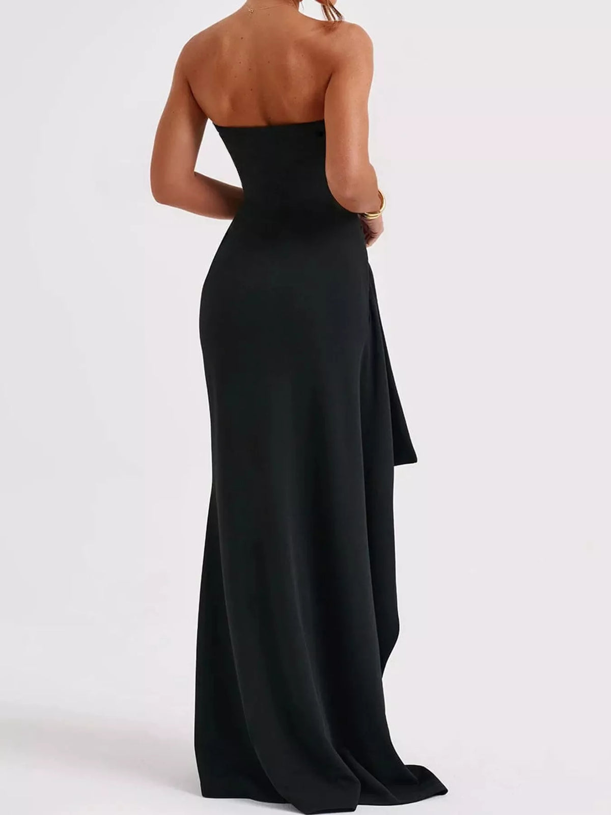 Black strapless high slit bodycon maxi evening dress, back view