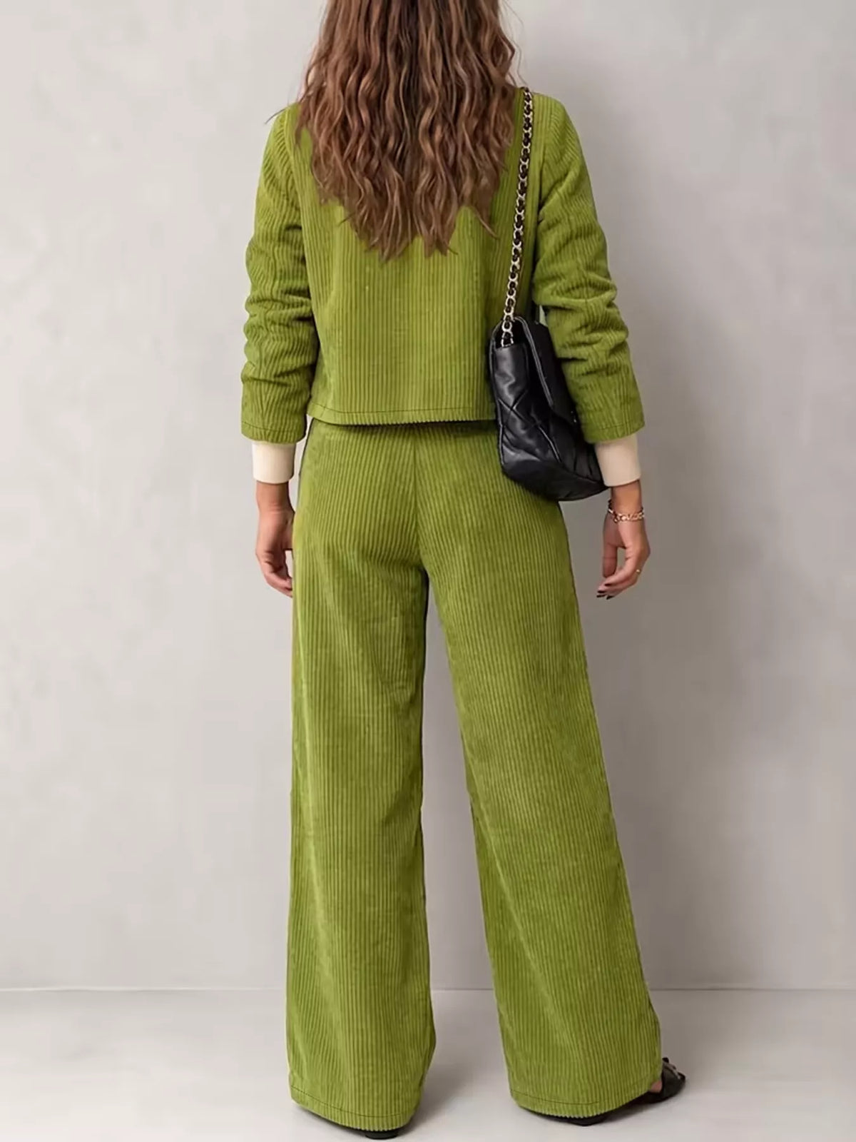 Women's Corduroy Button-Down Jacket and Wide-Leg Pants Two-Piece Set in green — back view