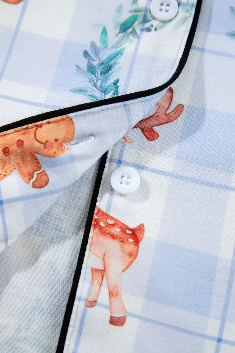 Light blue Christmas print plaid pajama set, piping detail