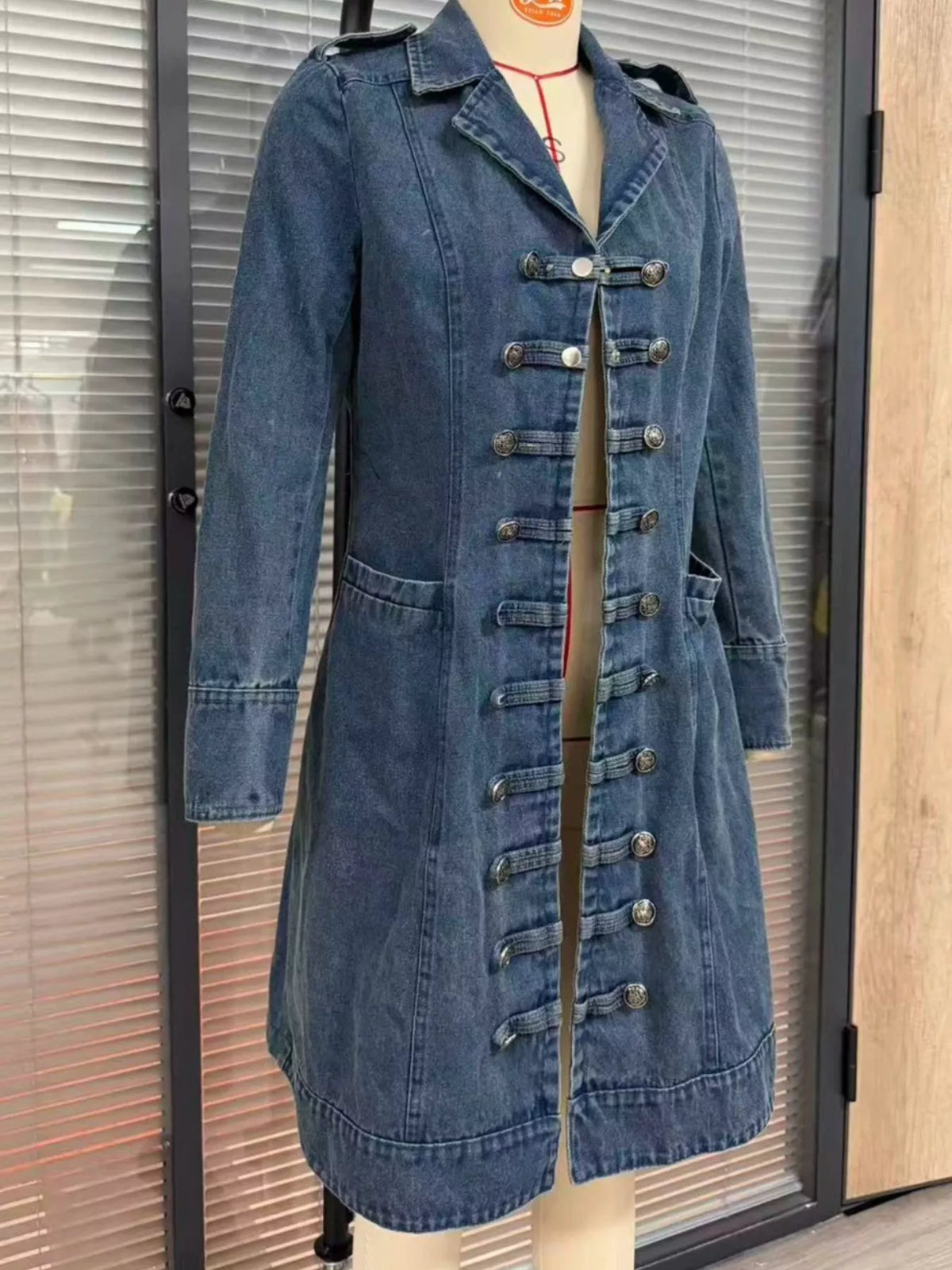 Blue decorative button longline denim jacket