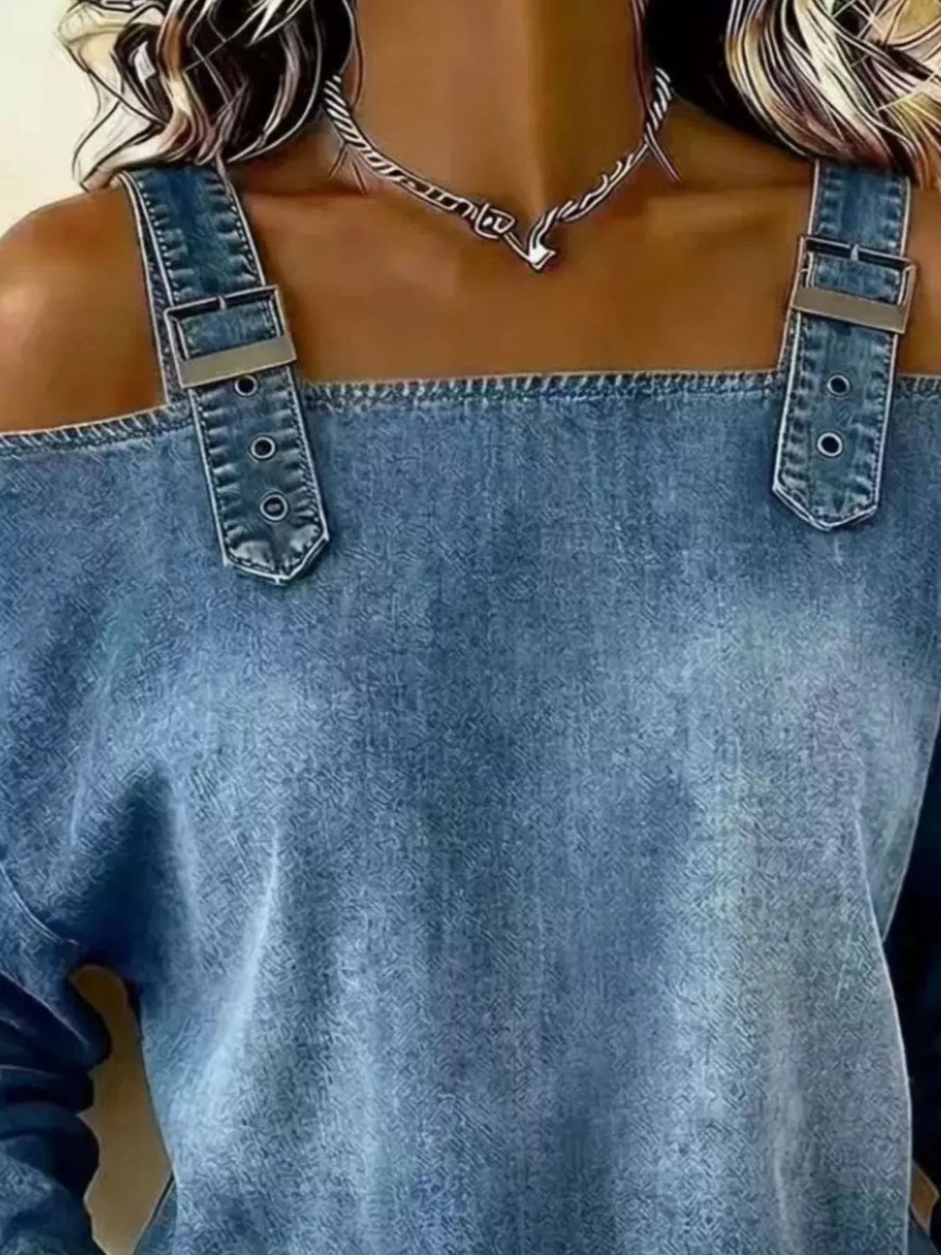 Trendsi Full Size Buckle Strap Long Sleeve Denim Top Plus Size -
