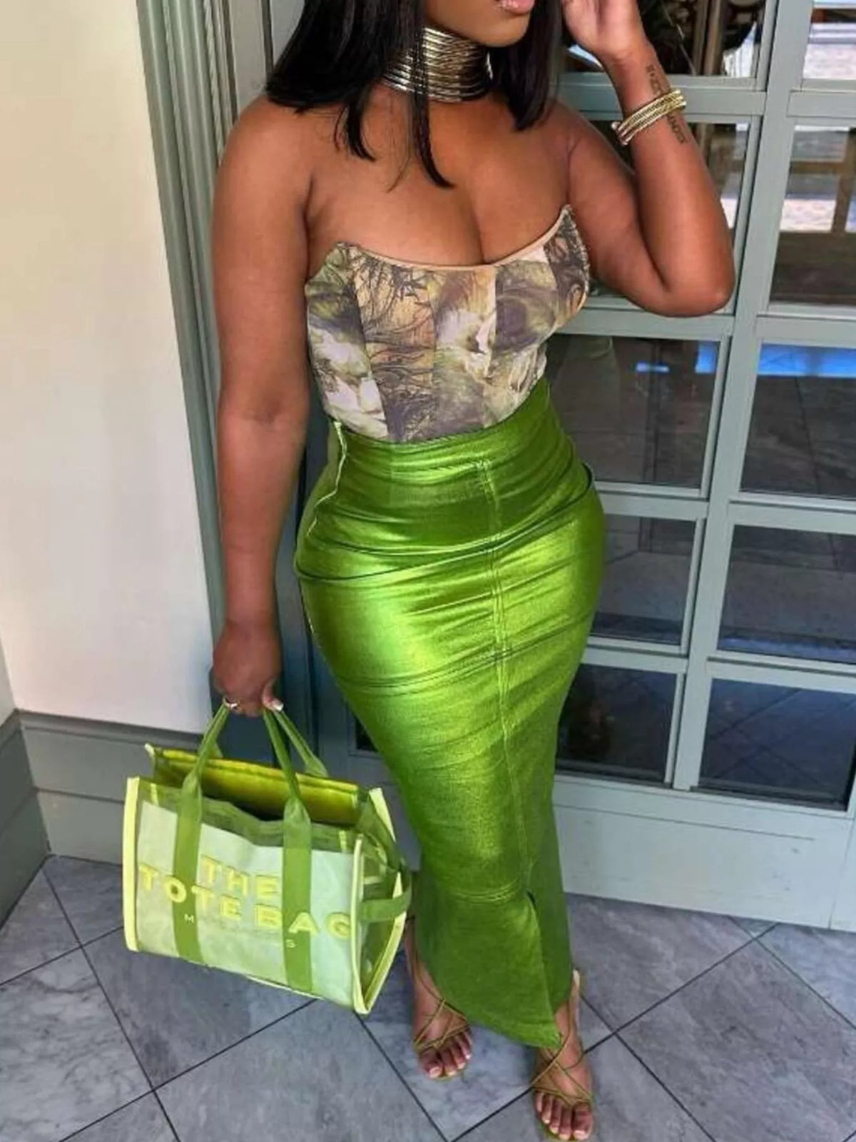 Trendsi Shimmering Side Slit Bodycon Maxi Skirt -