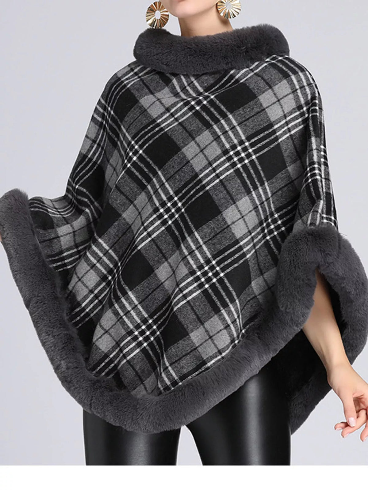 Dark Gray-Plaid plaid faux fur trimmed poncho cape
