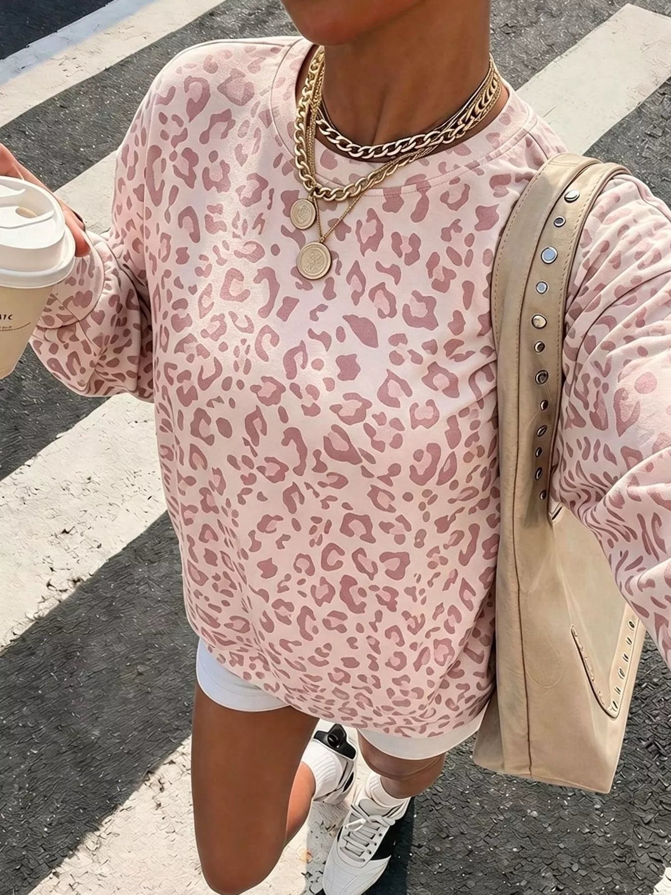 Trendsi Leopard Print Crew Neck Sweatshirt -