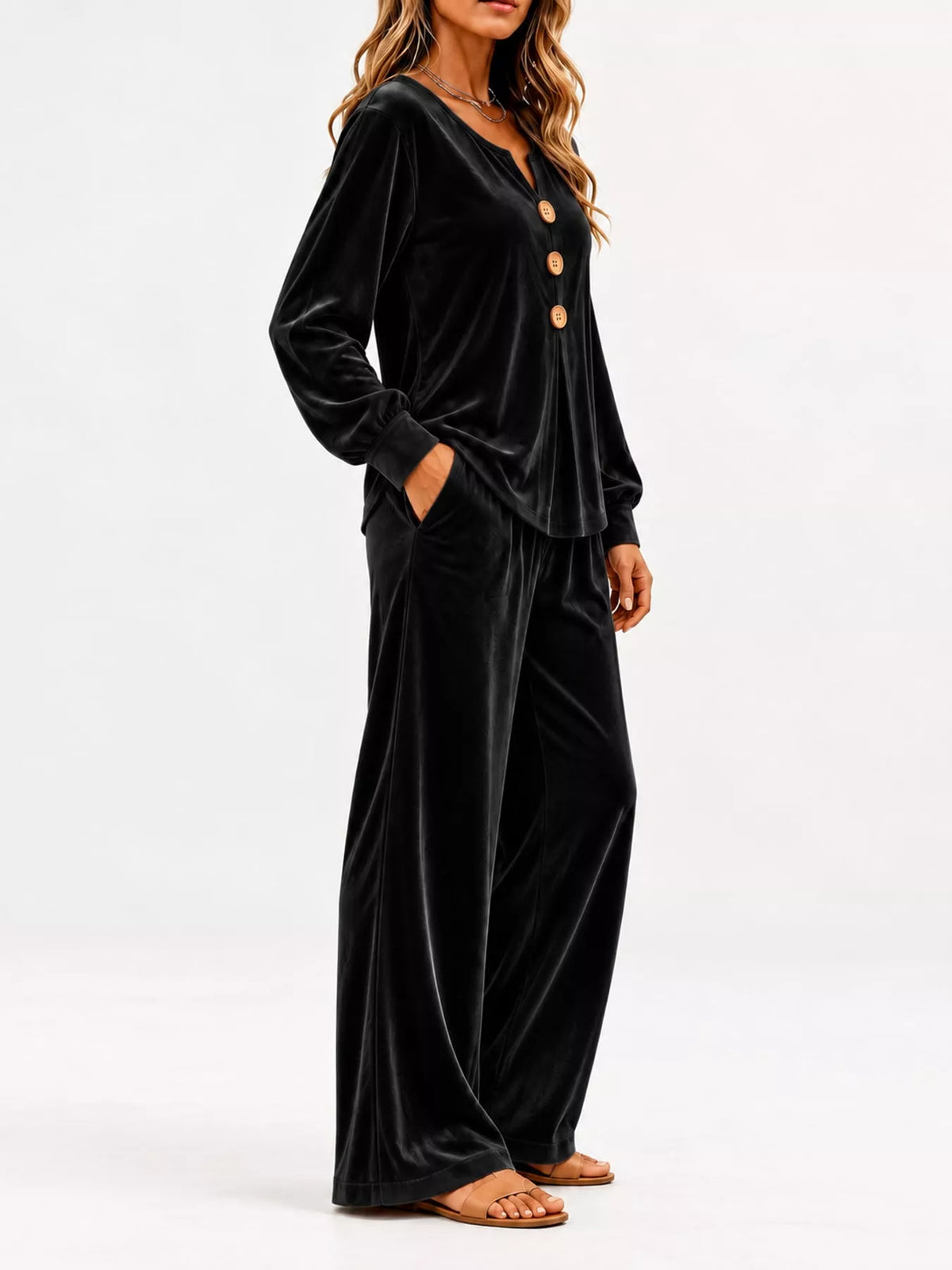 Black decorative button top and pants set — side view