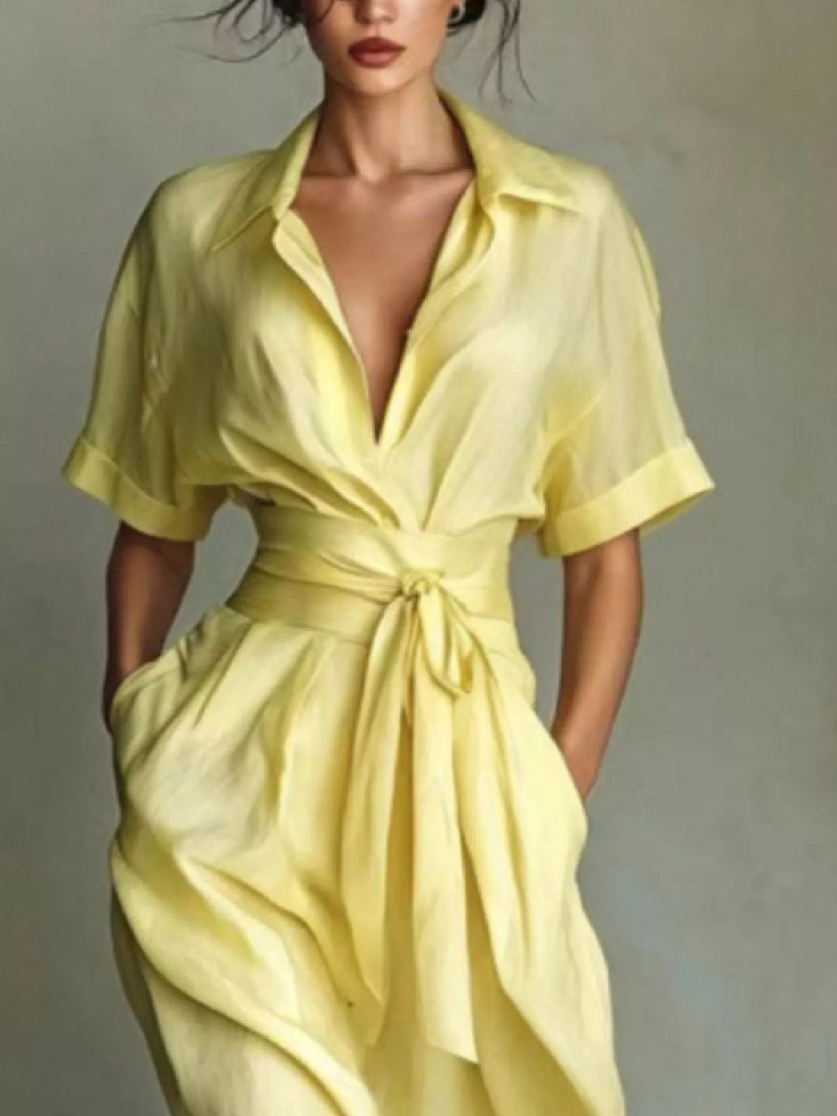 Maxi shirt dress, yellow neckline detail