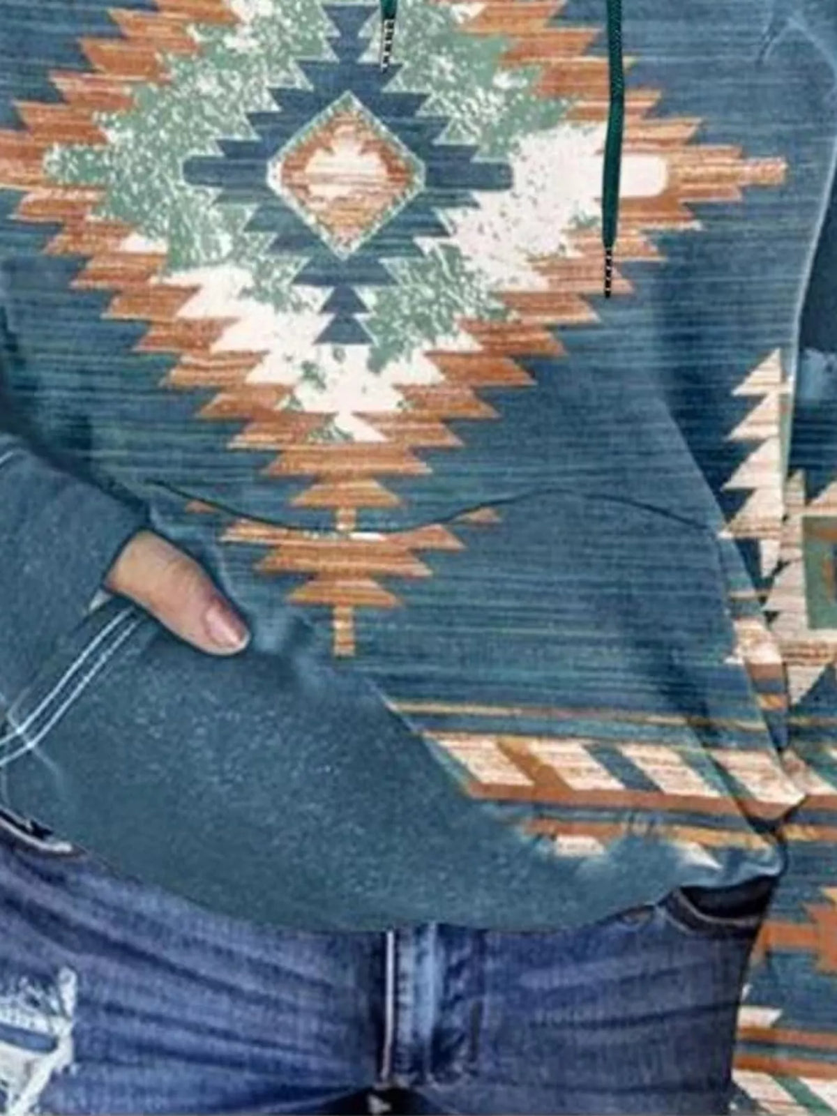 Aztec-print hoodie, blue pocket detail