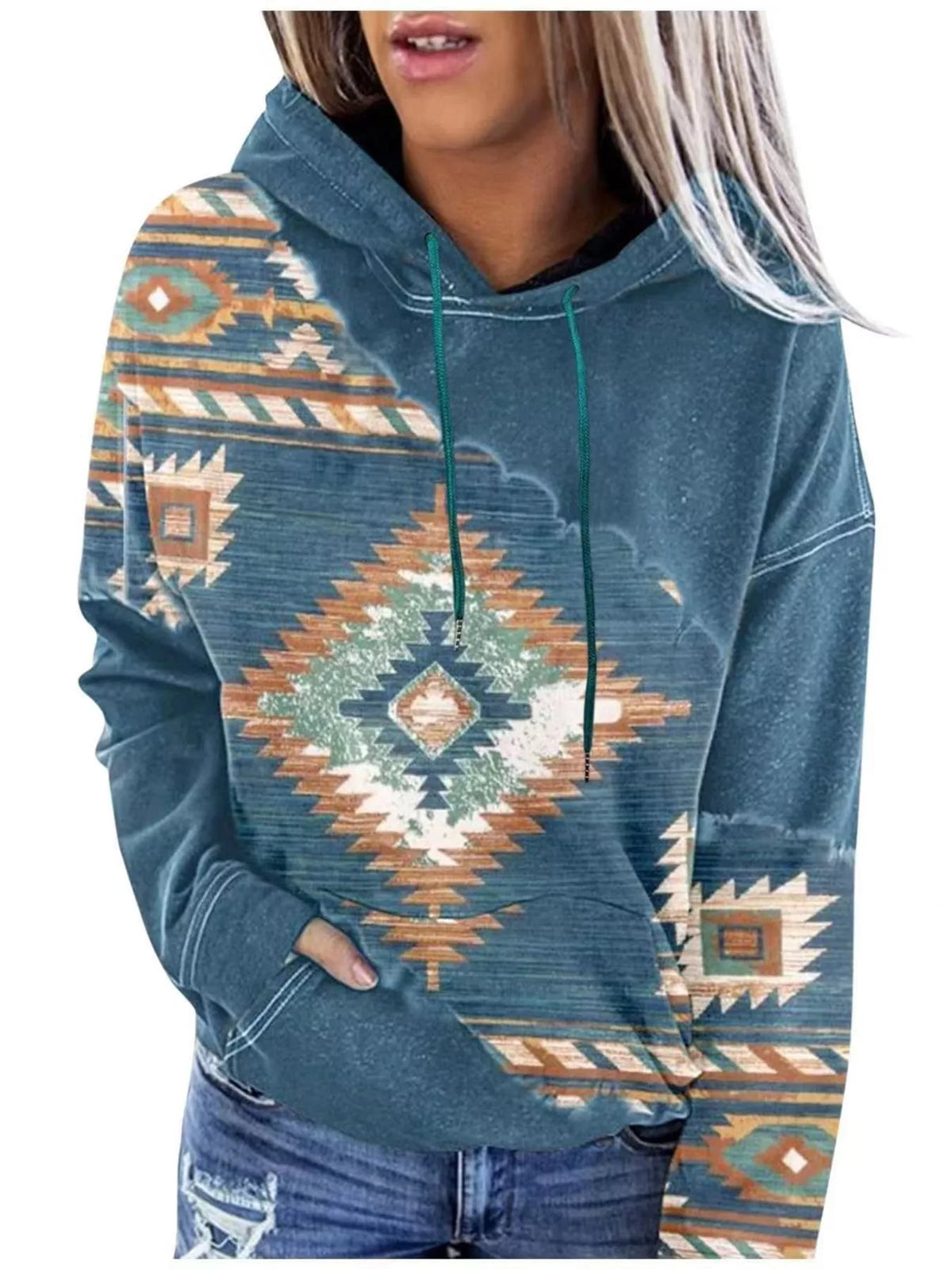 Aztec-print hoodie, blue front